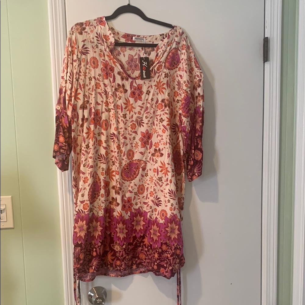 Pink and Red Swim Pleated Tunic Coverup with 3/4 Sleeves NWT